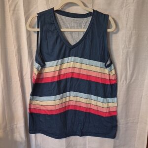 Navy Striped V-Neck Tank Top with Multicolor Bands
